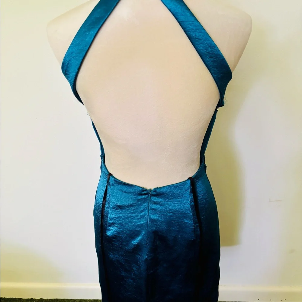 NWT Morgan & Co. US 5/6 Sheath Halter Sequin Metallic Teal Beaded Mini Dress - Picture 7 of 13